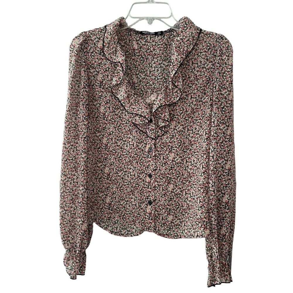 Nasty Gal Women Floral Button Down Sheer Blouse Top Long sleeve Shirt Size 6